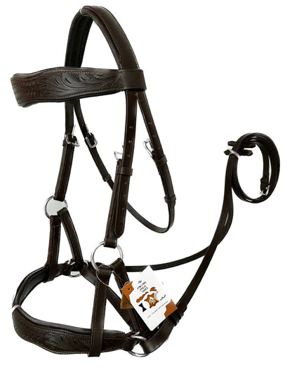 AMAZING HORSE STUFF Sidepull Bitless Bridle with Designer Hand Carving On Brow & Noseband Curved Shaped Brown (Full, Cob, Pony) (Pony)