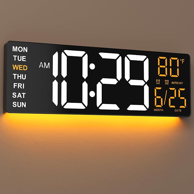 EASYERA 16.5" Large Digital Wall Clock with Anti-Glare Display, RGB Lights with 10 Scenes Mode Remote Control, Adjustable Brightness, Dual Alarms, Auto DST, BT Sync, Temperature for Living Room