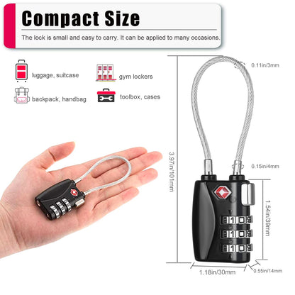 ZHEGE TSA Approved Luggage Locks, 3 Digit Cable Lock for Travel Baggage, Suitcase, Gym Lockers (Black)