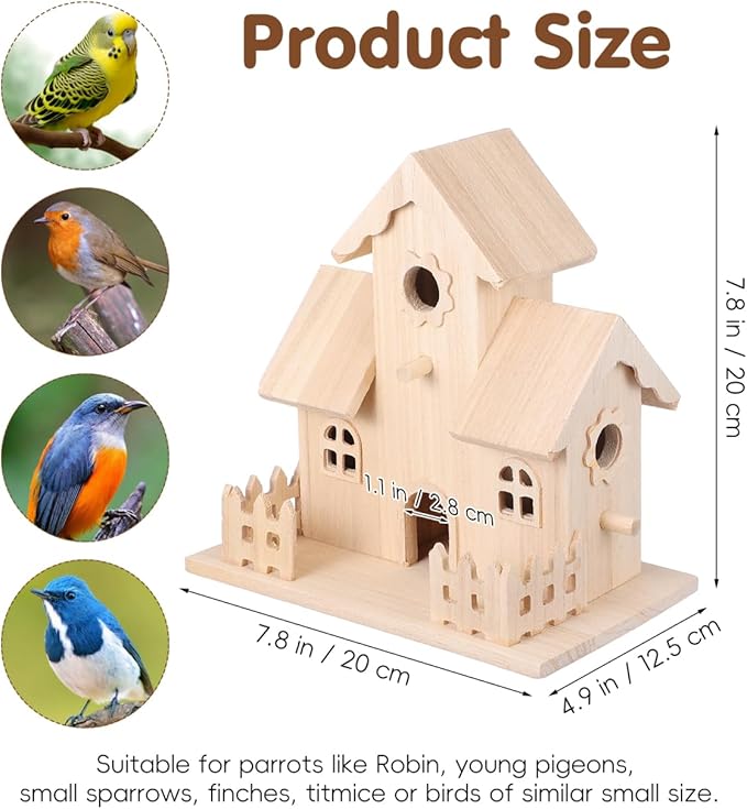 balacoo Wooden Bird Nest Hanging House Unpainted Solid Wood Birdhouse for Garden Patio Indoor Outdoor Decor Suitable for Small Birds and Pets