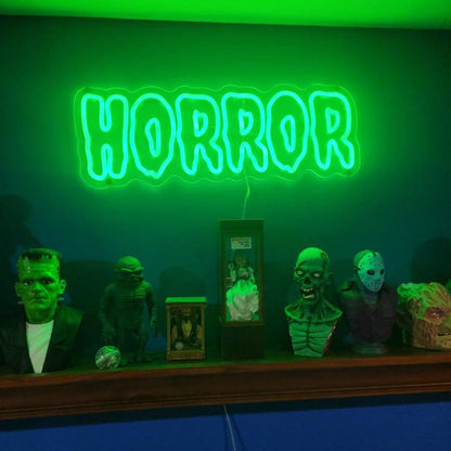 Horror Neon Sign – Green LED Wall Light for Halloween Party Decor, USB Powered Dimmable Gothic Accent for Bedroom or Spooky Room Setup, 16.5"×5.7"
