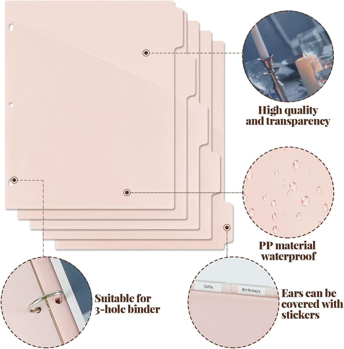 5 tab dividers for 3 Ring Binder with Pockets, Plastic Dividers with Clear Front Pocket, 5-tab Index Dividers with 3 Holes Punched for School & Office Supplies (Pink)