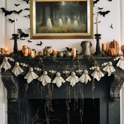 Bunny Chorus Ghost Halloween Banner: 1pc White Ghost Halloween Party Banner with Wood Beads, Cute Ghosts Halloween Garland Halloween Banner Decorations for Home Wall Mantel Doorways Front Decor