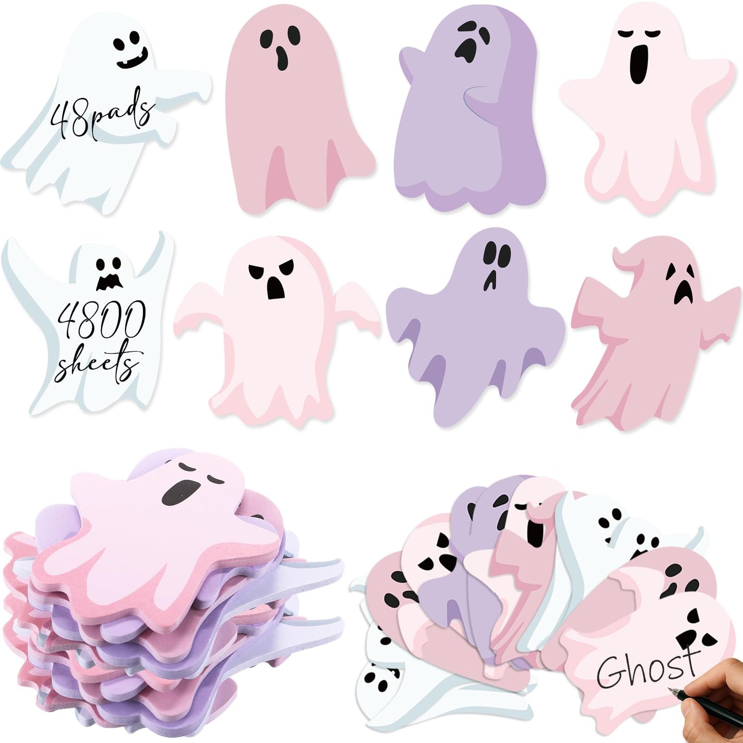 Thenshop 48 Pack Ghost Halloween Sticky Notes 1440 Sheets Boo Ghost Note Pads 8 Styles Self Adhesive Notepads for Halloween School Office Home Students Teachers Present