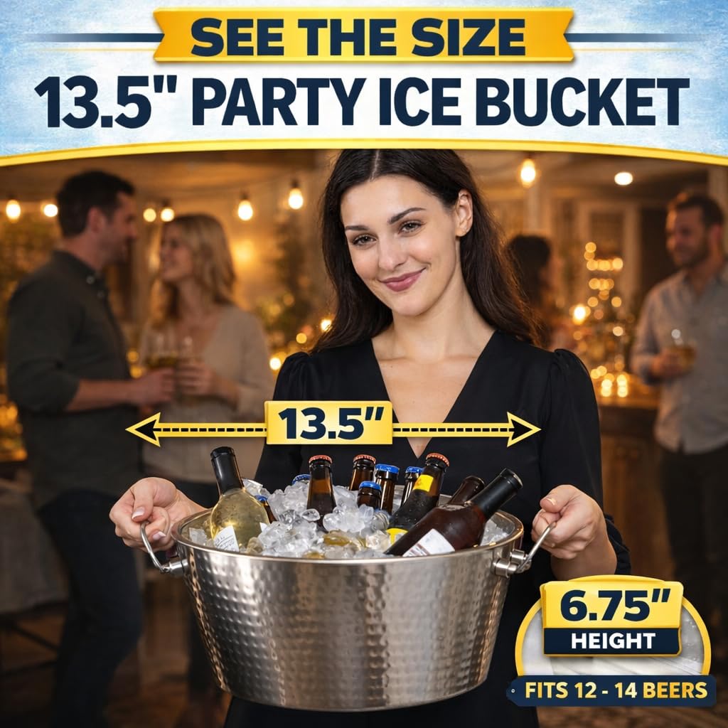 BREKX Hammered Stainless-Steel Beverage Tub, Double-Walled Insulated Anchored Drink Tub & Ice Bucket with Double Hinged Handles, Drink Chiller for Parties, 12 Quarts