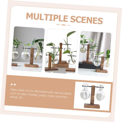 IWOWHERO 2pcs Elegant Hydroponic Plant Terrarium Stand Glass Vase Wooden Base Easy to Assemble for Home Office Decor