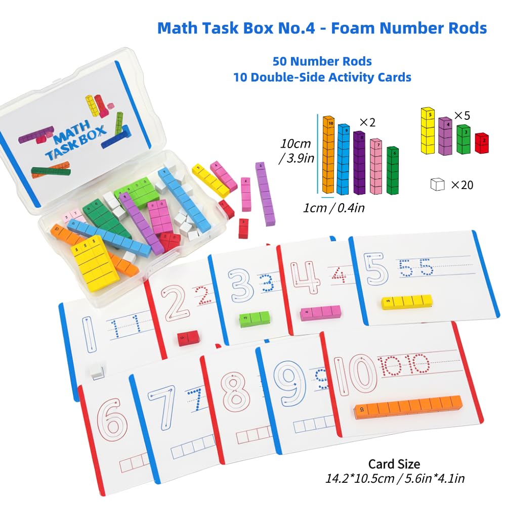 Math Task Boxes Set of 5 Math Manipulatives Themes 230+ Pieces of Number Rods, Base Ten Blocks, Ten Frame Disc Counters, Place Value Blocks, 0-9 Numbers, 3D Shapes, Counting Blocks Activity Cards