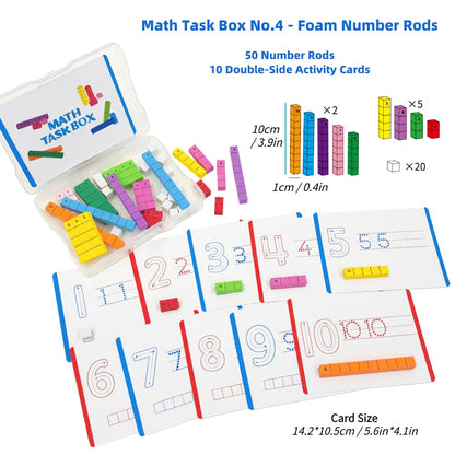 Math Task Boxes Set of 5 Math Manipulatives Themes 230+ Pieces of Number Rods, Base Ten Blocks, Ten Frame Disc Counters, Place Value Blocks, 0-9 Numbers, 3D Shapes, Counting Blocks Activity Cards
