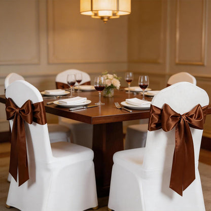 MAGTOWNE Brown Chair Sashes 50 Pack, Chocolate Satin Chairs Bows Ribbons for Party Wedding, Universal Ties Knots for Folding Chairs Decor