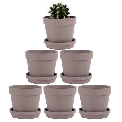Yishang Terra Cotta Pots with Saucer/Ceramic Tray, 6-Pack Large Terracotta Pots 4.6'' Clay Ceramic Pottery Planter Cactus Flower Succulent Pot Drainage Hole - for Plants, Crafts (Grey)