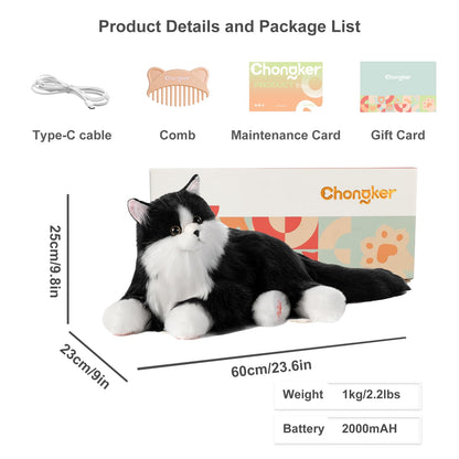 Chongker Interactive Companion Robot Cat Pets, Handmade Weighted Stuffed Animals, Cat Plush Toy with Voice Response, Realistic Heartbeat and Purring, Black Cat