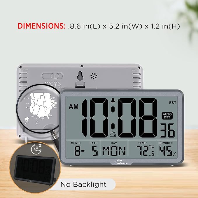 WallarGe Auto Set Digital Wall Clock Battery Operated, Desk Clocks with Temperature, Humidity and Date, Large Display Digital Calendar Alarm Clock for Elderly, Bedroom, Office, 8 Time Zone, Auto DST.