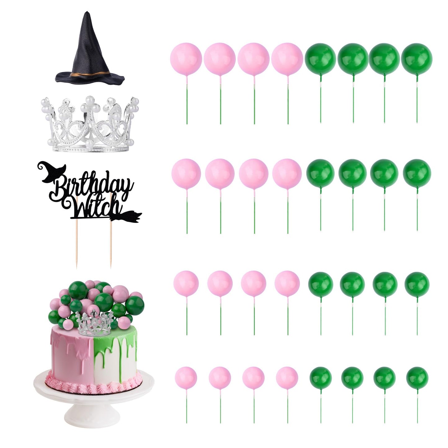 35 Pcs Wicked Party Decorations Supplies Witch Cake Topper Set with Crown Witch Hat Non Edible Cupcake Toppers for Pink and Green Birthday Decoration