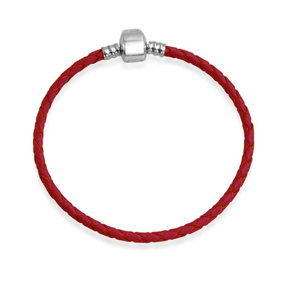 Bling Jewelry Genuine Red Braided Leather Bracelet - .925 Sterling Silver European Beads Charm Bracelet for Women