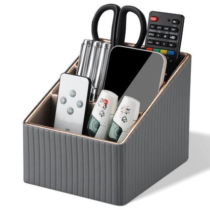 KINGFOM 3 Slot PU Leather Remote Controller Holder, Home Sundries Storage Box, TV Guide/Mail/CD Organizer/Caddy/Holder with Free Cable Desk Organizer (Grey)