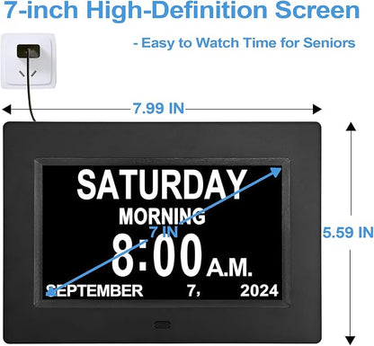 JALL 7" Large Digital Calendar Day Clock for Seniors 2026 - Easy to Read Alzheimer's Dementia Memory Loss Clock for Elderly with IPS Wide Angle，Day & Date, 12 Custom Alarms & Auto-Dimming, Black