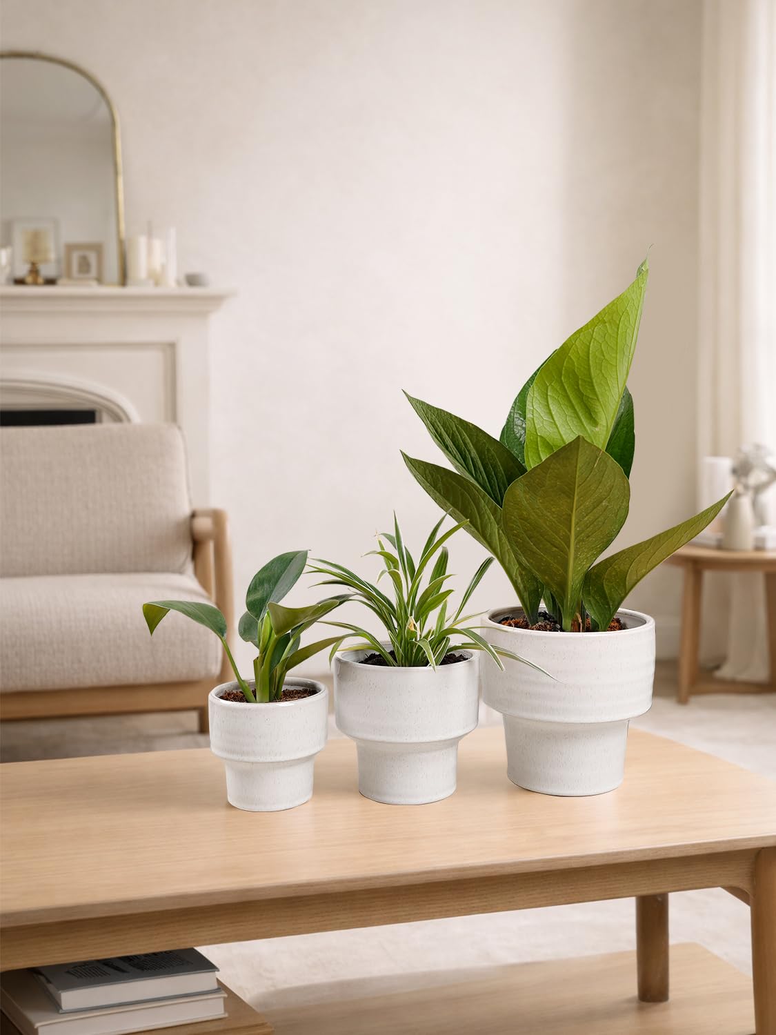 INGOFIN Ceramic Planter Pot Set of 3, 4/5/6 Inch Indoor Plant Decorative Cachepot for Pothos & Succulents, No Drainage Hole, Modern Tabletop Desk Display Pot for Home Decor, Pockmarks White