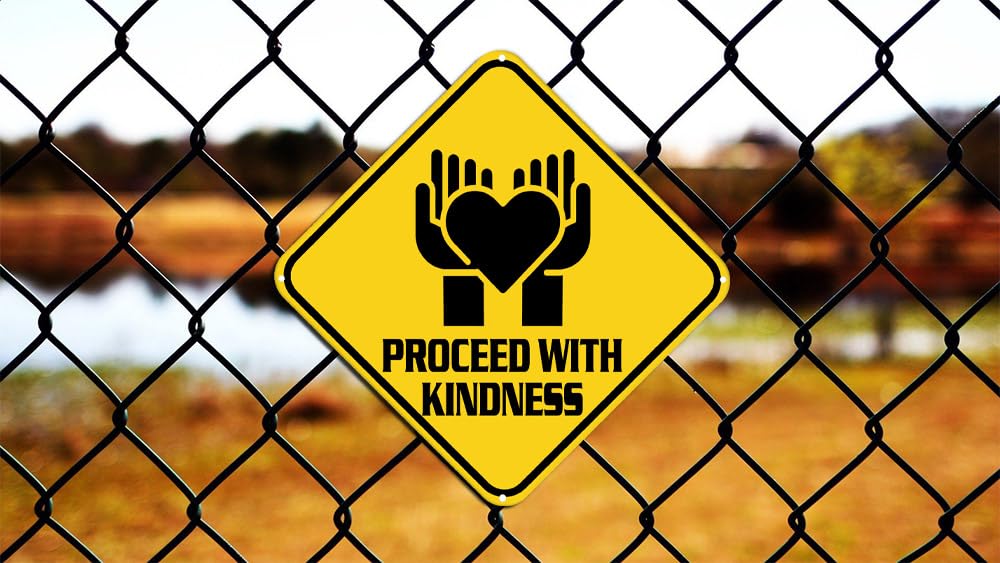 Proceed With Kindness Sign Warning Sign Proceed With Kindness Animal Caution Yellow Wall Art Decorative Decor For Fence Home Farmhouse Yard Road Quality Metal Sign 12x12 Inches