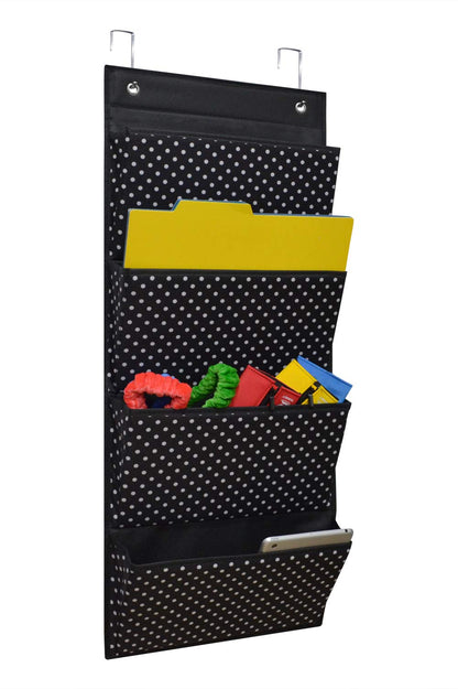 AUVCAS Hanging Wall File Organizer for Office - Over Door Wall Hanging Folder Holder & Classroom Pocket Document Organizer, Paper Mail Storage Rack with 4 Large Pockets,Black