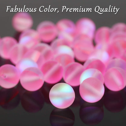 Matte Pink Aurora Crystal Glass Beads, 8MM Frosted Glitter Shining Mermaid Round Loose Beads, Rainbow Holographic Synthetic Moonstone for Jewelry Making DIY Bracelet