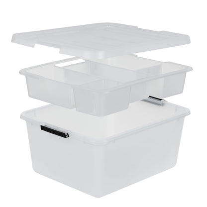 IRIS USA 18 QT Clear Storage Organizer with Removable Dividers, Stackable Plastic Storage Box with Lid, Modular Container for Crafts, Tools, Office & Pantry Organization