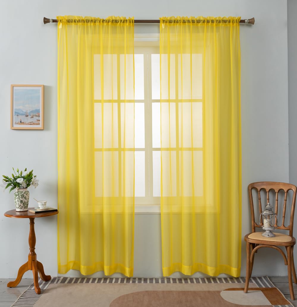 WPM Yellow Sheer Curtains 58" Wide x 63" Long 2 Panels Livingroom Window Treatment Rod Pocket Sheer Voile for Bedroom, Kitchen, Children Room Fully Stitched and Hemmed