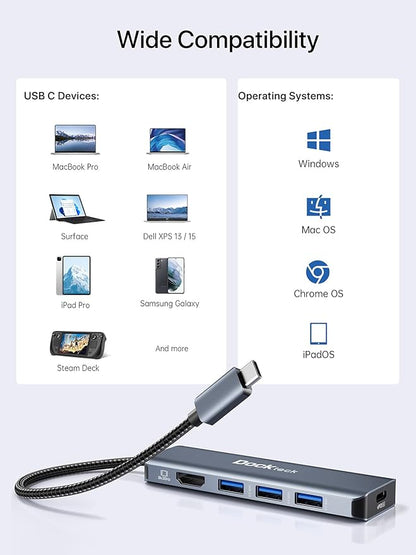 Dockteck 5-in-1 USB-C Multiport Adapter, 8K HDMI, 100W PD, 3 x USB 3.0 for Steam Deck, MacBook Pro/Air M1, iPad Pro/Air, Surface Pro 7/8/X