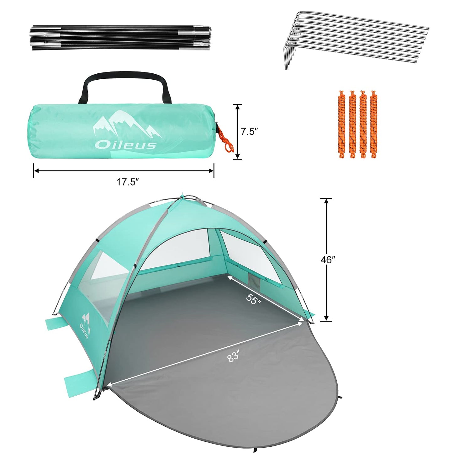 Oileus Beach Tent 2-3 Person Portable Sun Shade Shelter UV Protection, Extended Floor Ventilating Mesh Roll Up Windows Carrying Bag Stakes 6 Sand Pockets Fishing Hiking Camping, Light Green