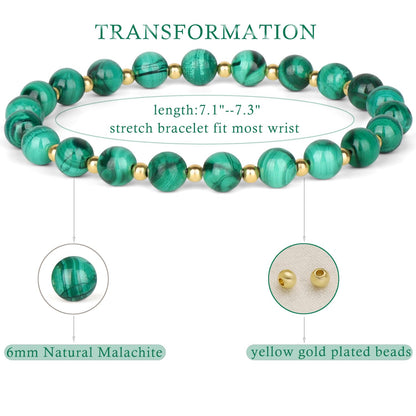 QOGIR Malachite - Transformation - 14K Gold Plated Beads Natural Gemstone Stretch Elastic Dainty Healing Beaded Bracelets Gifts 6mm