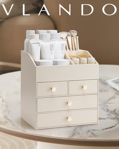 VLANDO Makeup Organizer for Vanity, PU Leather Cosmetic Organizer with 4 Drawers, Large Bathroom Countertop Skin Care Storage for Perfume Lipstick Brushes, Dresser Organizer for Women-Beige