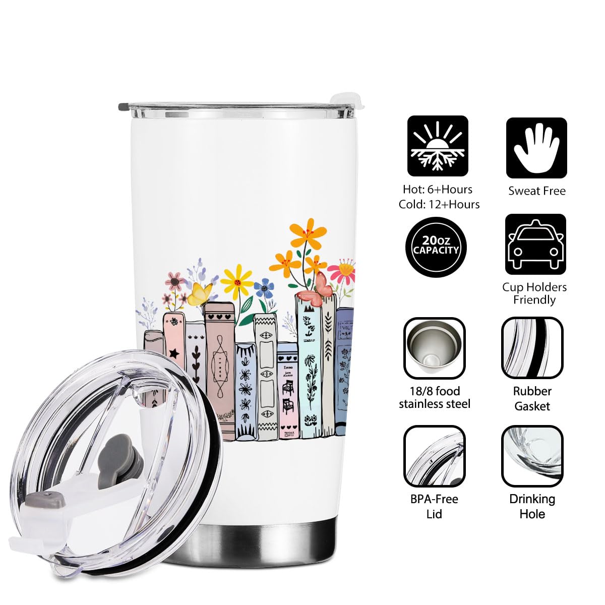 Book Lovers Gifts, Tumbler, Cute Stainless Steel Coffee Mug with Lid, 20 oz Insulated Thermal Cup Birthday Christmas Halloween Reading Book Accessories, Librarian Gifts for Women Daughter Wife