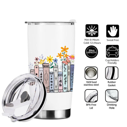Book Lovers Gifts, Tumbler, Cute Stainless Steel Coffee Mug with Lid, 20 oz Insulated Thermal Cup Birthday Christmas Halloween Reading Book Accessories, Librarian Gifts for Women Daughter Wife