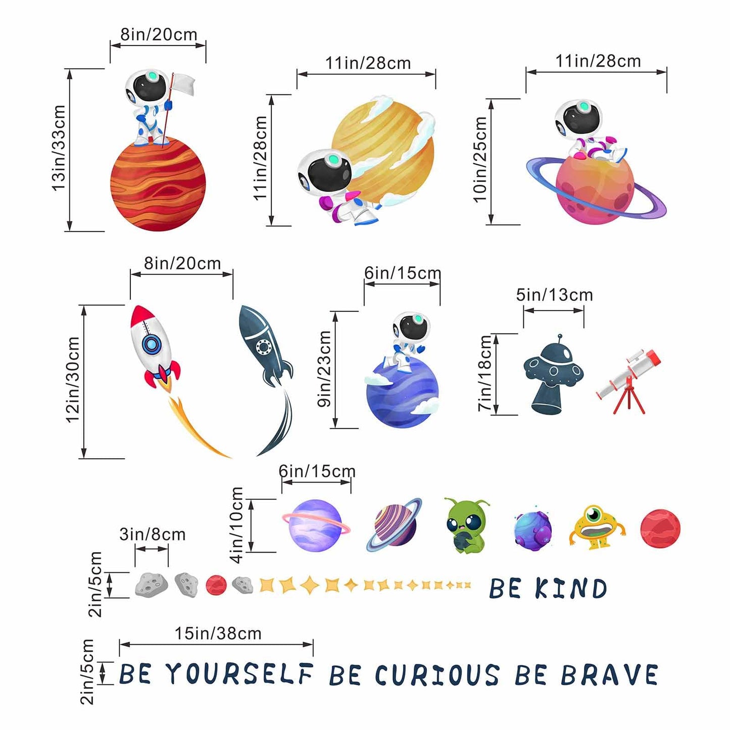 Amimagen Outer Space Astronaut Wall Stickers - Be Kind Be Brave Inspirational Quotes Planets Rocket Boys Wall Decals - Baby Nursery Kids Room Daycare Wall Decor