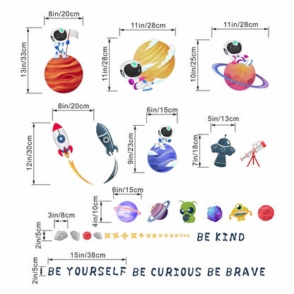 Amimagen Outer Space Astronaut Wall Stickers - Be Kind Be Brave Inspirational Quotes Planets Rocket Boys Wall Decals - Baby Nursery Kids Room Daycare Wall Decor