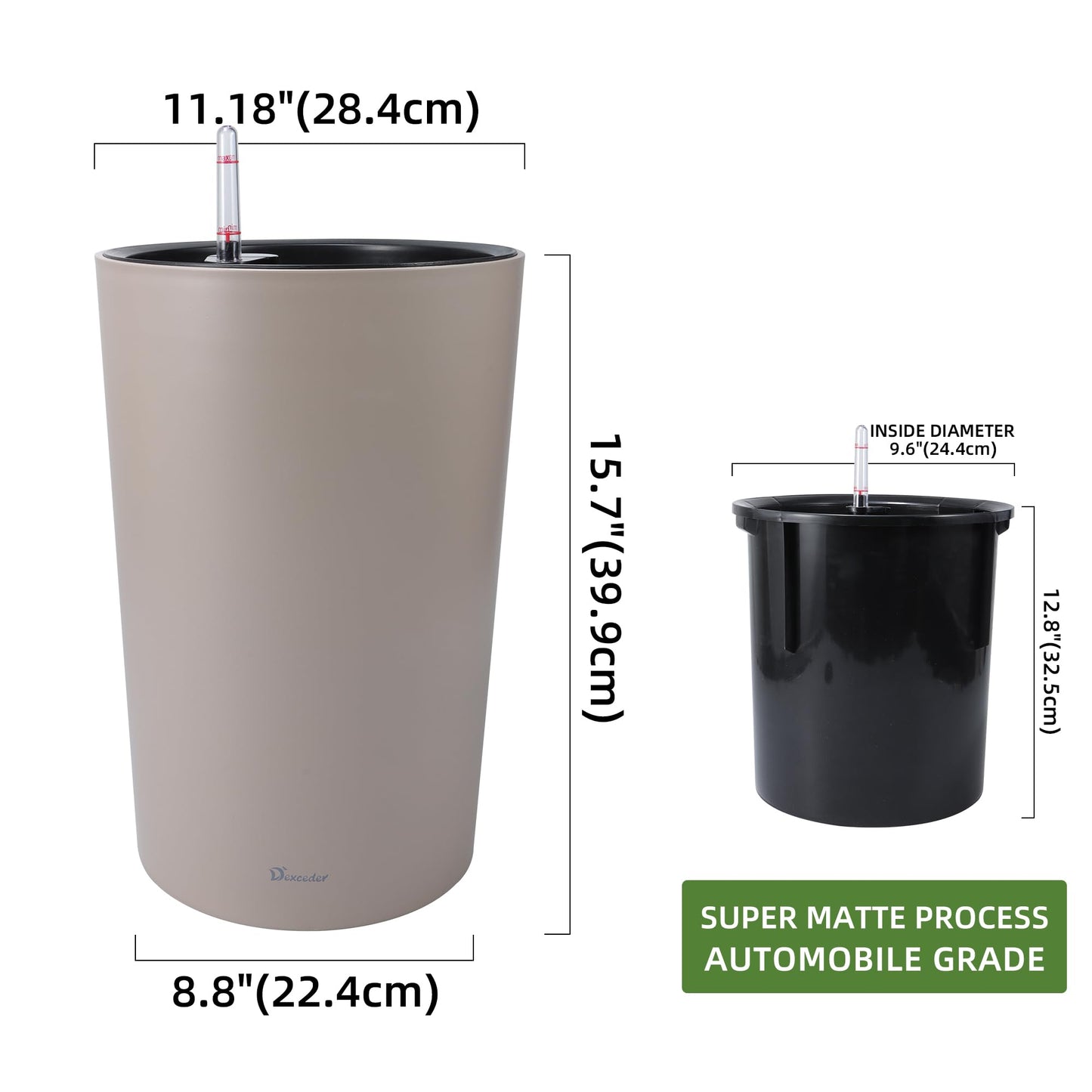 Dexceder 16x12 Tall Self Watering Planter High Cylinder Indoor Outdoor, Thickened Large Floor Standing Flower Plant Pot with Water Level Indicator (Taupe Matte)