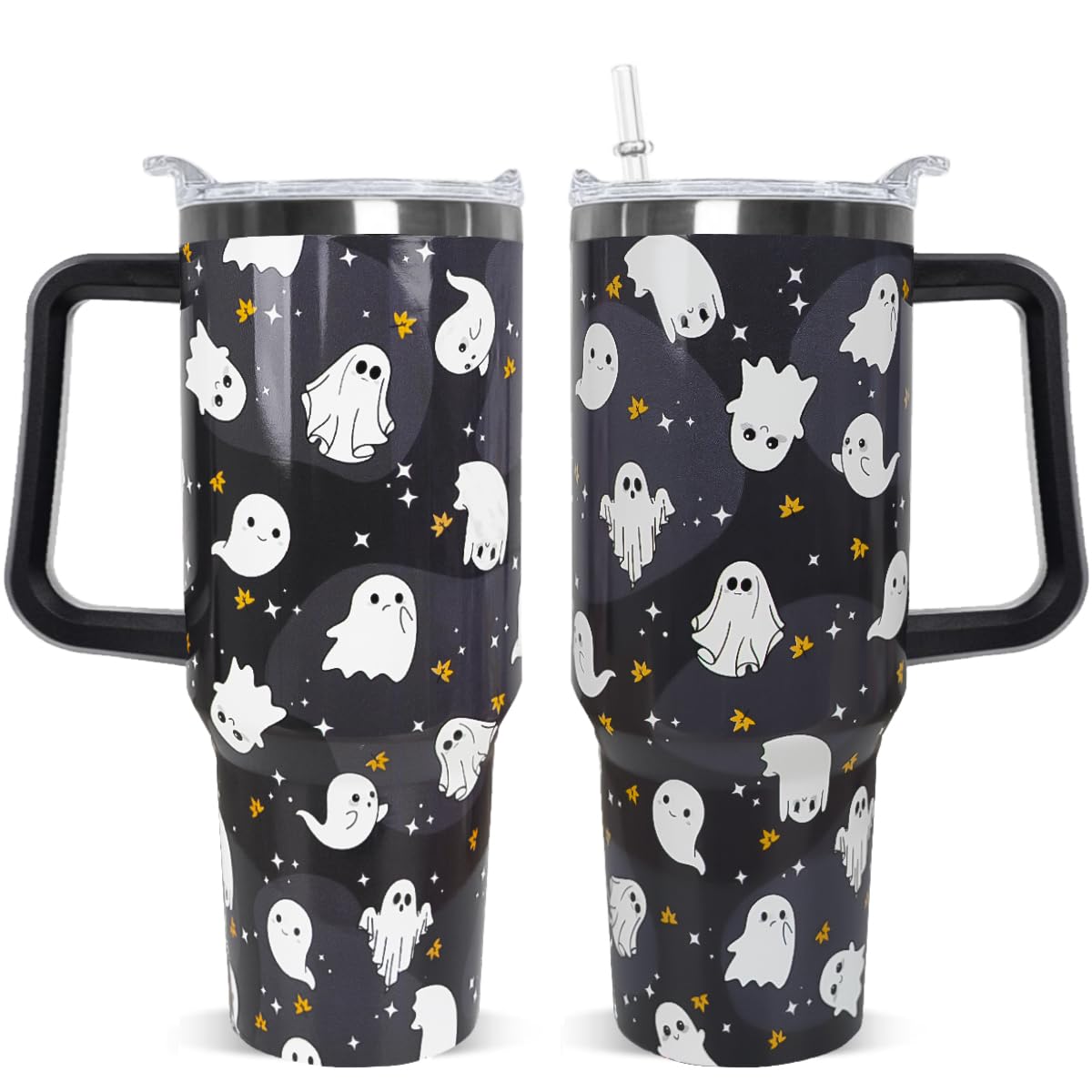 Rcvlauf Halloween Tumbler 40oz Ghost Tumbler Spooky Leak Proof Cups with Handle and Straw Insulated Water Bottle Coffee Travel Mugs for Halloween Decor Gifts for Women Men (1PCS)