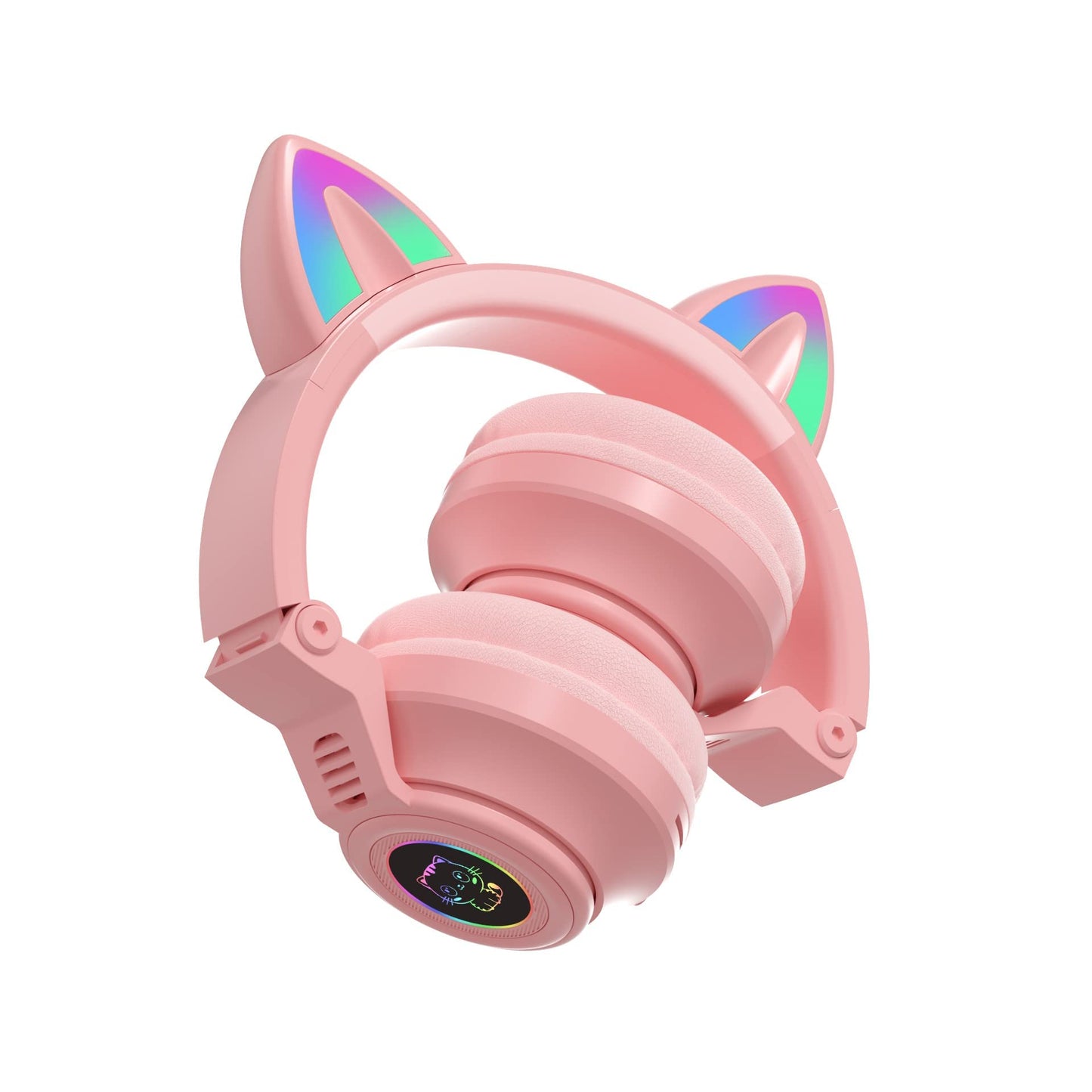 YUSONIC Cat Ear Bluetooth Headphones for Kids & Adults, Wireless Foldable & Wired Multi-Function LED Light Up Over Ear Headphones with Mic and Volume Control for iPhone/iPad/Laptop/PC (Pink 2)