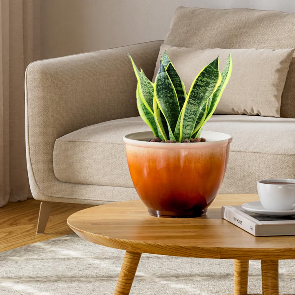 Vanslogreen 8 Inch Plant Pots with Drainage Hole, 4 Pack Plastic Flower Pots, Modern Sleek Decorative Planter for Indoor Outdoor Plants Succulent Snake (Orange)
