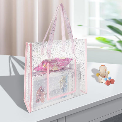 TotePrint TPU Star Clear Tote Bag - Large, Pink, Waterproof, Sandproof - Zipper Closure, Perfect for Beach, Shopping, Travel or Everyday Use