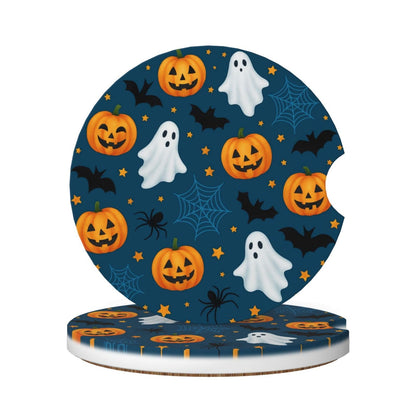 Famame 2 Pcs Halloween Cute Ghost Bat Spiders Ceramic Car Coasters Anti-Slip Absorbent Coaster Sets for Drinks Car Decor Auto Accessories