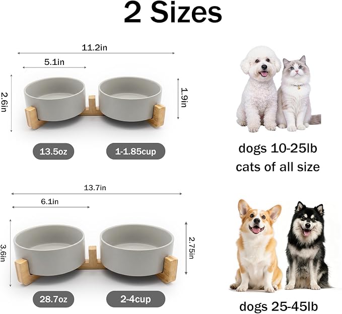 MateeyLife Ceramic Dog and Cat Bowls with Stand, 2-Pack Food and Water Bowl Set - Non-Slip Pet Bowls for Cats,Puppies and Small Dogs, 13.5OZ（Grey）
