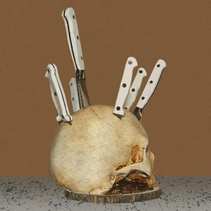 Skull Knife Holder for Kitchen: A Skeleton Knife Stand Doubling as Horror - Themed Kitchen Storage Head Rack. Ideal for Scary Party Decor, 15CM/5.9IN, Beige