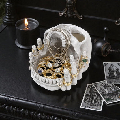 Resin Skull Shaped Jewelry Holder for Ring & Charm, Gothic Skull Decorative Storage for Earring Trinket, White Dark Aesthetic Halloween Decor, Shelf Display Gift for Bedroom, Living Room Home Office