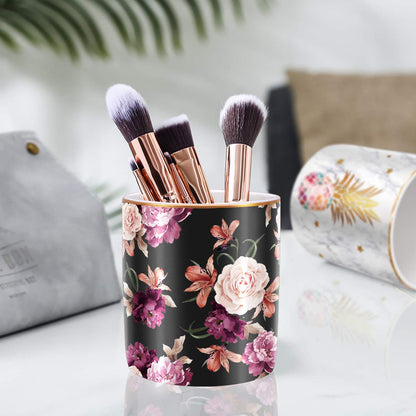 WAVEYU Pen Holder for Desk, Pencil Cup Holder, Cute Floral Makeup Brush Holder Durable Ceramic Flower Design Desk Pencil Organizer for Office, Classroom, Black