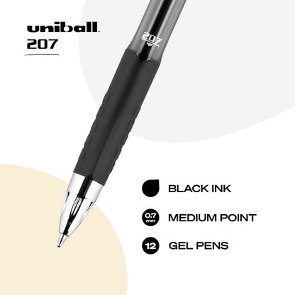 uni-ball Signo 207 Gel Pen, 0.7mm Medium Black, Smooth Writing (Pack of 12, 144 Count Total)