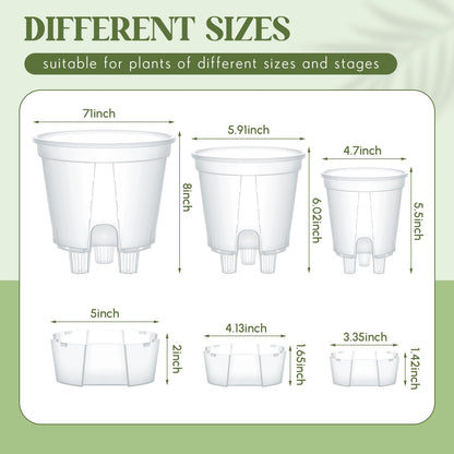 Wonderjune Self Watering Pots for Indoor Plants with Deep Reservoir and High Drainage Holes for Outdoor Plants and Flowers, Bare Root Planter(4.72'', 5.91'', 7.09'',Clear,9 Pcs)