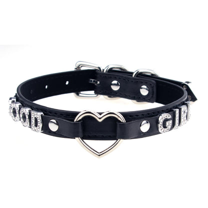 Bilisee Leather Love Heart Choker Necklace with Shiny Letters, Gothic Collar for Women, Punk Rock Necklace Collars Fashion Jewelry, Black