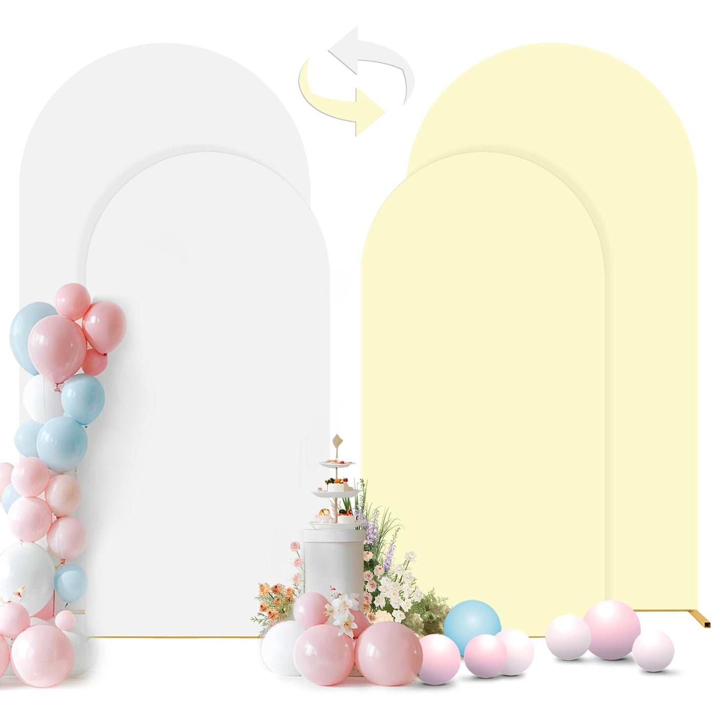 White & Beige Arch Backdrop Cover 7.2 & 6FT, Double Sided Arch Covers Stretchy Backdrop with Zipper Set of 2 Spandex Chiara Stand Cover for Wedding Birthday Party Baby Shower Banquet