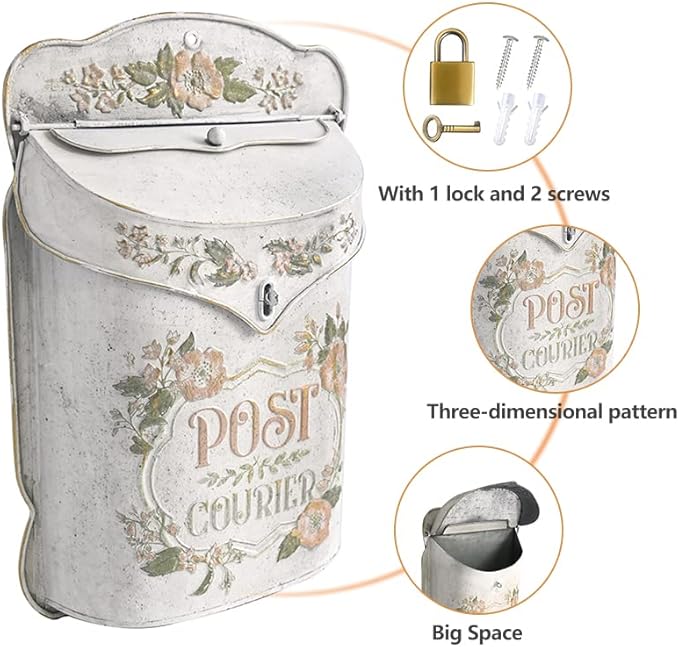 BIG FORTUNE Wall Mount Mailbox for House Outside Vintage Metal Door Mailbox Antique Style Nostalgic Charm Home Decor Garden Vintage English Cottage Decor Flower Patter