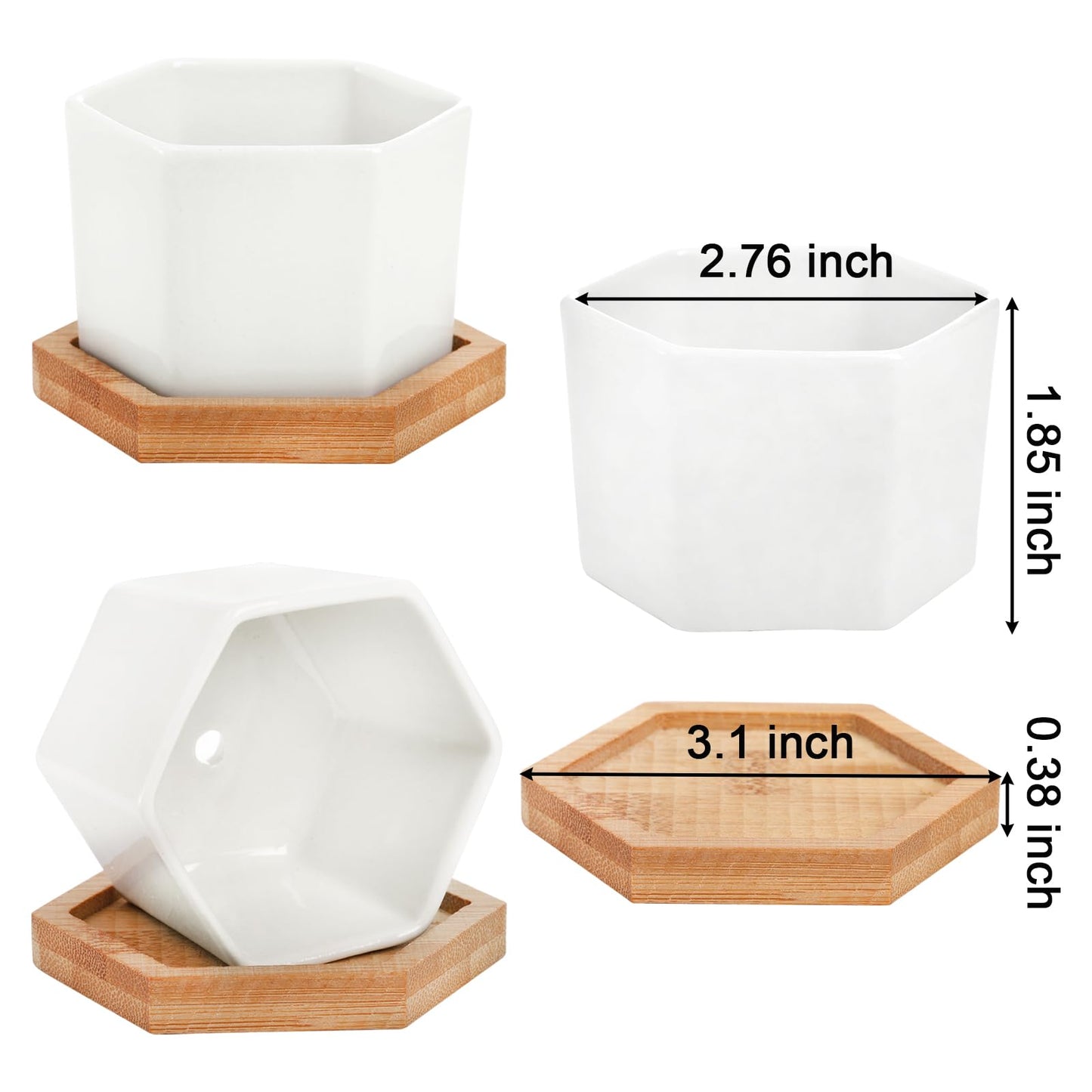 Foraineam 10 Pack Mini Succulent Plant Pots, 2.76 inch Hexagonal White Ceramic Succulent Cactus Planters with Bamboo Tray